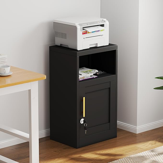 Steel Nightstand Cabinet with Locked Door and Adjustable Shelf, Under Desk Metal Storage Cabinet with Open Countertop, Can be Used for Sidetable, File Cabinets, End Table Black