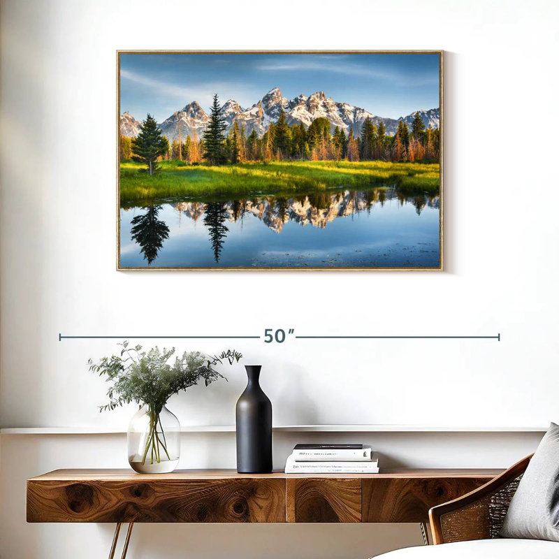Grand Teton Reflection, Cadre flottant en bois naturel, 37 po x 25 po