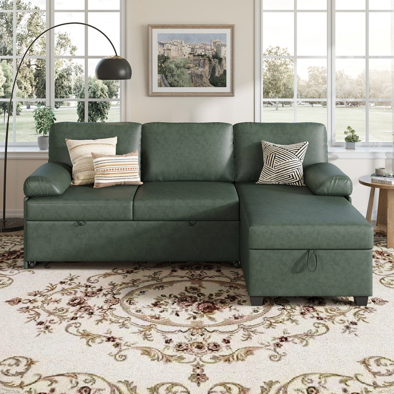 80'' Upholstered Sleeper Sofa, Pull Out Bed With Storage Chaise For Living Room Bedroom Apartment, Green Faux Leather