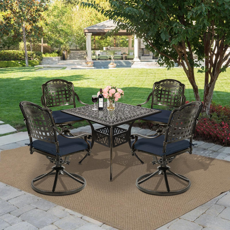  5-piece Outdoor Patio Dining Set, All-weather Cast Aluminum Patio Conversation Set With 4 Cushions Swivel Rocker Chairs For Backyard Garden Deck And 35.4" Square Table