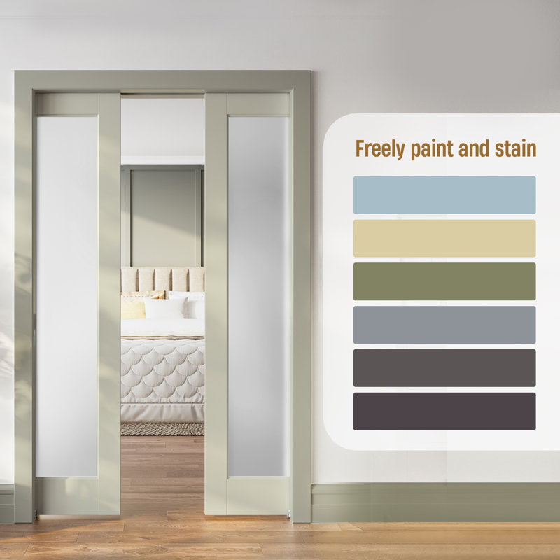Frosted Glass 1-Lite Sliding Pocket Double Doors White Standard Door with Hardware Kit Set, 48" x 80", 2