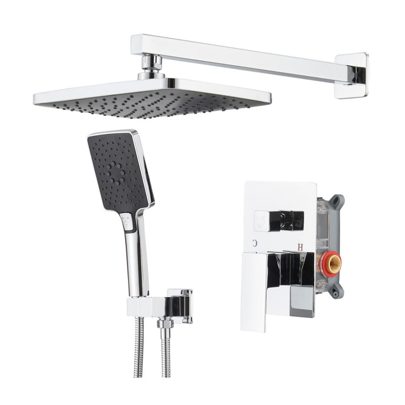 Polished Chrome Single-Handle Three-Spray Rain Shower Square Shower Head High-Pressure Shower Faucet (With Valve)