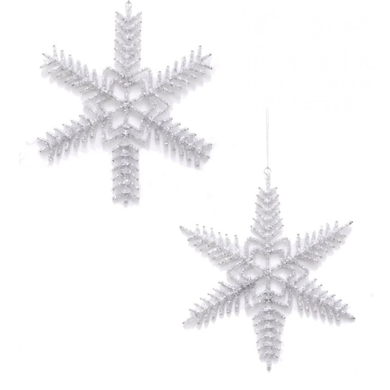 Set of 2 Clear Beaded Plastic Snowflake Ornaments
