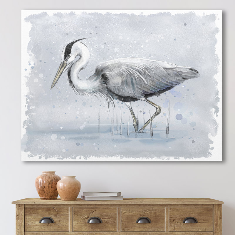 Héron cendré gris - peinture sur toile, Toile tendue, H 24 po x l 32 po x P 1 po