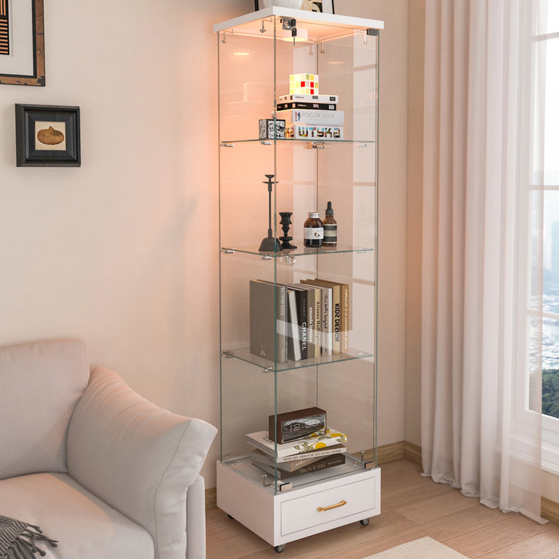 Vitrine moderne en verre avec tiroir, lumières DEL et 4 tablettes pour un rangement et une présentation élégants