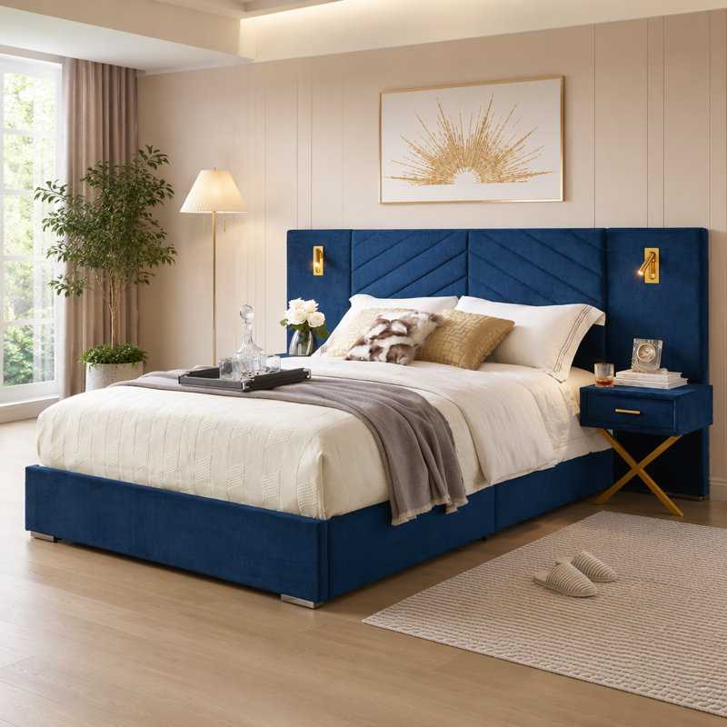 Cadre de lit, lit plateforme tapissier avec tête de lit, Queen, Blue