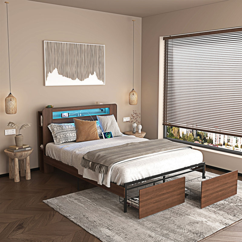 Structure de lit plateforme en bois rustique avec rangement et éclairage DEL, Lit double