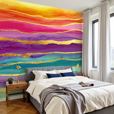 Peel and Stick Wallpaper 96" W x 69" H Modern Self Adhesive Wall Mural for Bedroom Rainbow abstract luxury Watercolor golden colorful painting