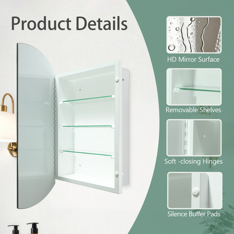 22 x 30 Inches Medicine Cabinet with Storage,Surface or Recessed Mount Bathroom Cabinet with 3 Removable Tempered Glass Shelves,No Assembly
