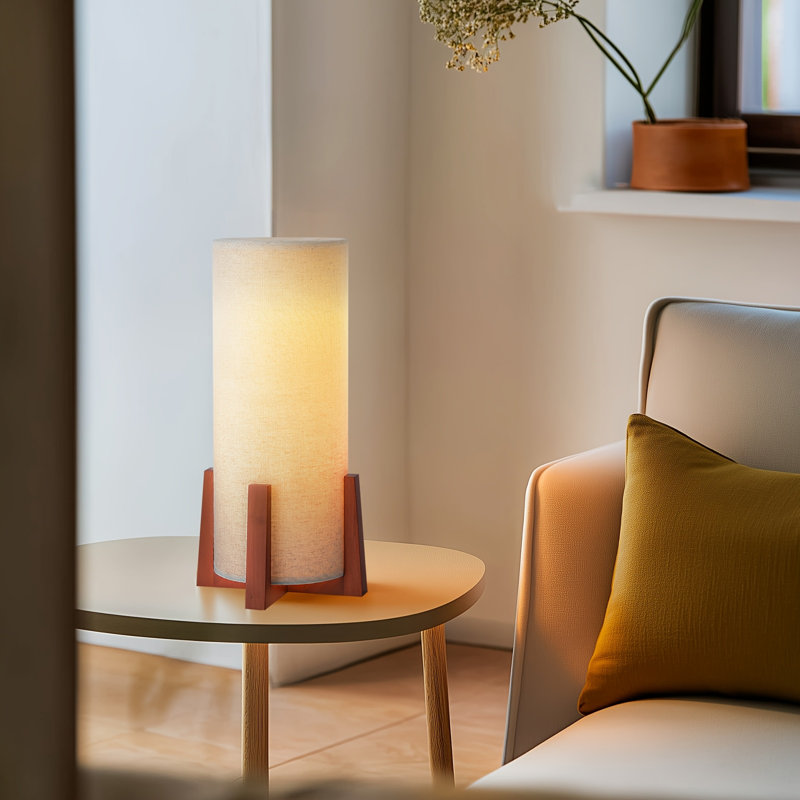 Table de chevet moderne avec lampe de table de chevet avec abat-jour en tissu de lin brun, lampe de chevet cylindrique de 13,9 po pour la chambre à coucher, le café et le salon