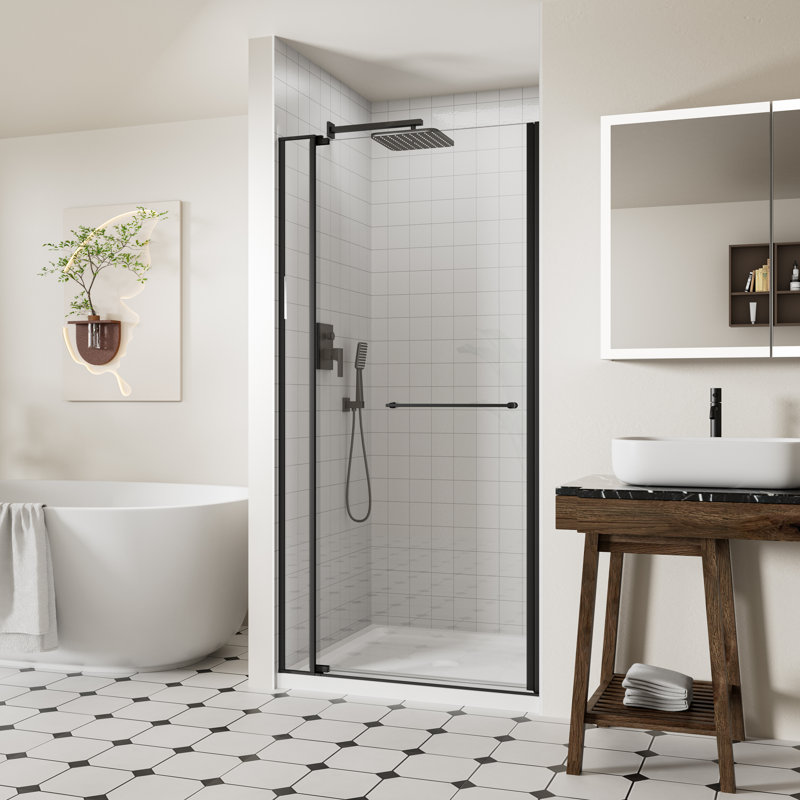 32-36" W x 72" H Frameless Pivot Shower Door, 1/4" (6mm) & 5/16" (8mm) Tempered Glass, Swing Shower Door with Towel Bar & 105° Anti-Collision Stop, Matte Black Finish, Reversible Installation