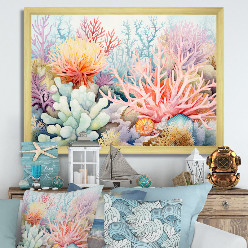 «Colorful Coral Reef Heaven II - Coastal Coral Under Water», reproduction d'art sur toile encadrée, Encadrement doré