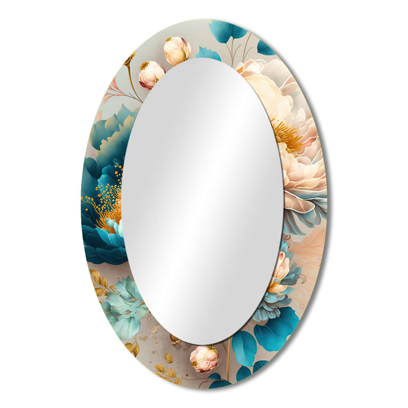 Multicolore Blooming Flowers II - Grand miroir mural ovale sur métal, 36 po x 24 po