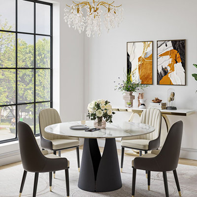 51” Vera Modern Round Dining Table, Sintered Stone Tabletop With Carbon Steel Pedestal Base for Kitchen