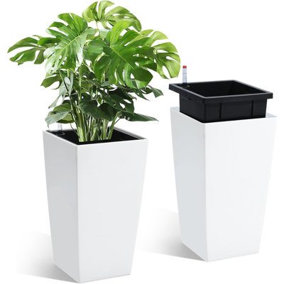 2-Pack 16 Inch Self-Watering Planters, Black Pots with Water Monitor & Wheels for Indoor/Outdoor