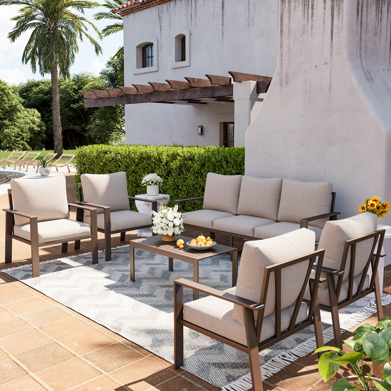  7-Person Outdoor Patio Furniture Set – Rust-Resistant Aluminum Frame, Deep Seating Weatherproof Cushions, Beige, No