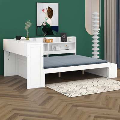 Full Size Daybed With Bookcase Storage And USB Ports, Corner Bed Frame W/Shoe Cabinet