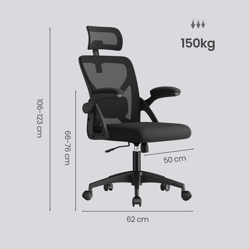 Chaise de bureau ergonomique en filet avec support lombaire réglable et appui-tête, Noir
