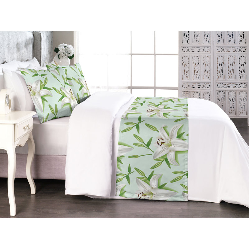 Ensemble de chemin de lit Ambesonne Jungle Boho Tropical Spring Spring Fern Green and Pale Grey, Très grand lit