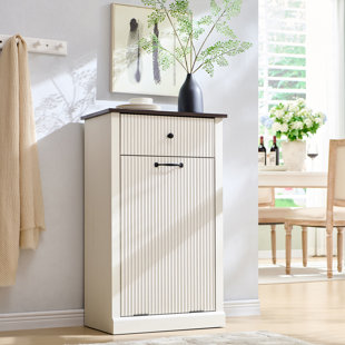 Modern Tilt-Out Trash Can Cabinet, 10 Gallon Fluted with Drawers, Wooden Hidden Garbage Can Cabinets with Storage Basket, Free Standing for Kitchen and Living Room