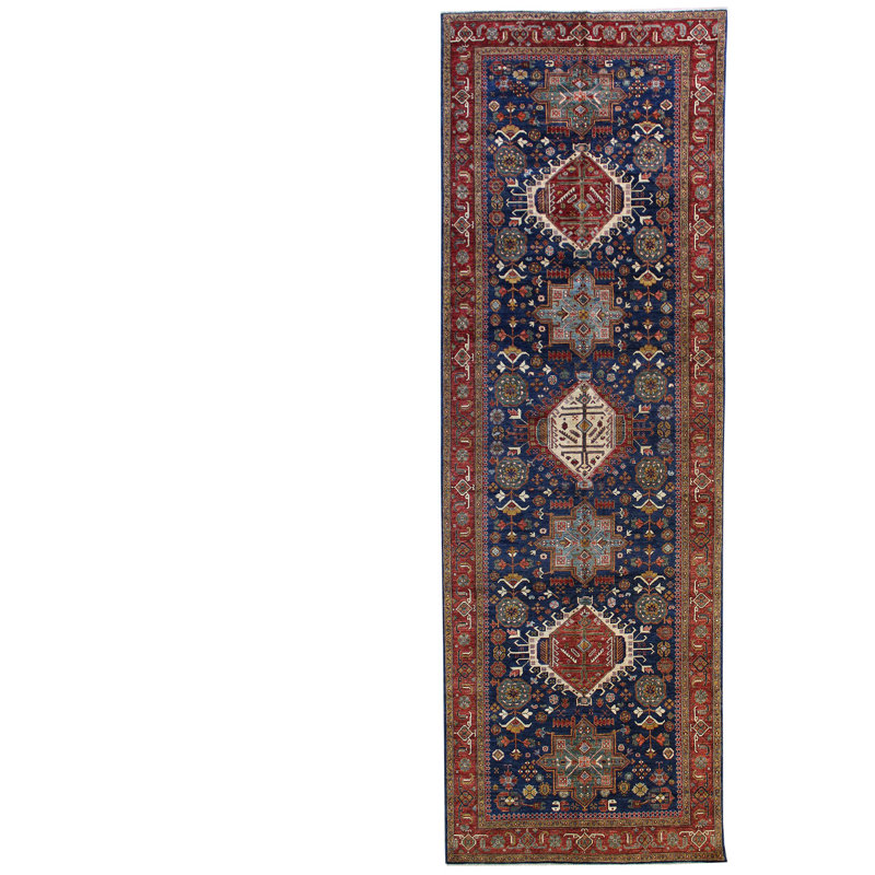 Tapis de couloir bleu en laine noué à la main de conception unique nouvel âge 5 pi 10 po x 17 pi 7 po Karaja