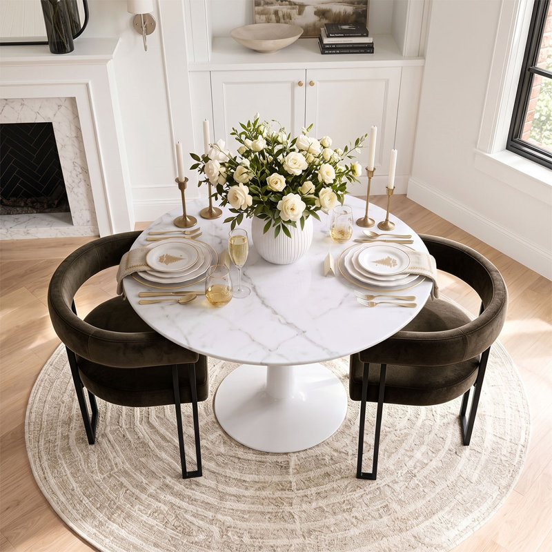 Ensemble de table de salle à manger pour 2 personnes avec table ronde et 2 fauteuils rembourrés en velours, Brun