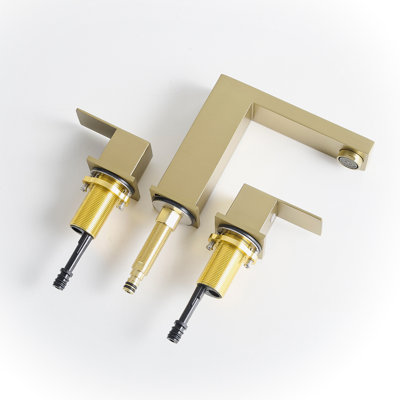 8 Inch Widespread 3 Hole Stainless Steel Bathroom Sink Faucet With Gold Finish, 2 Handles, Manual Operation, Side , Ceramic Filler, Handle, Contemporary Look Vanity Faucet, Control, Cartridge Valve