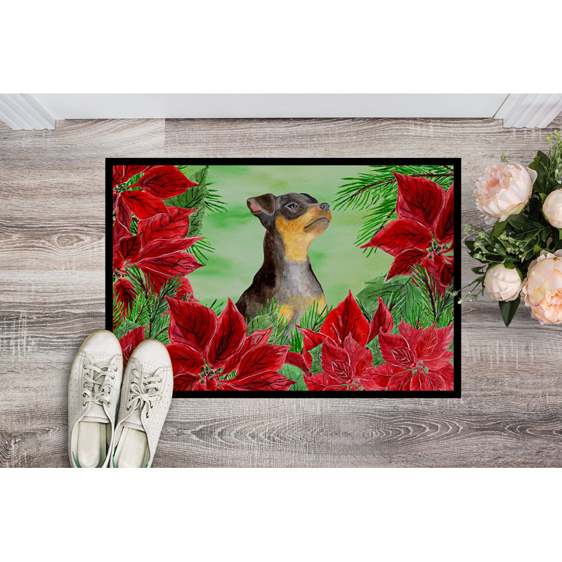 Tapis de porte d’extérieur anti-dérapant miniature pinscher poinsettas, Rectangle 24 po x 36 po