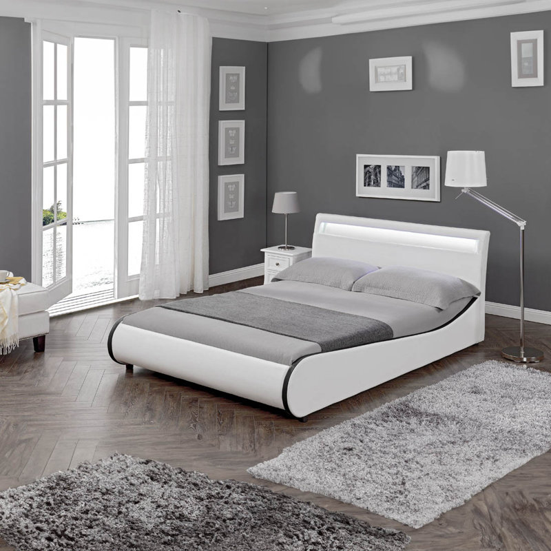 Atropus LED Faux Leather Bed Frame, Small Double (4'), White