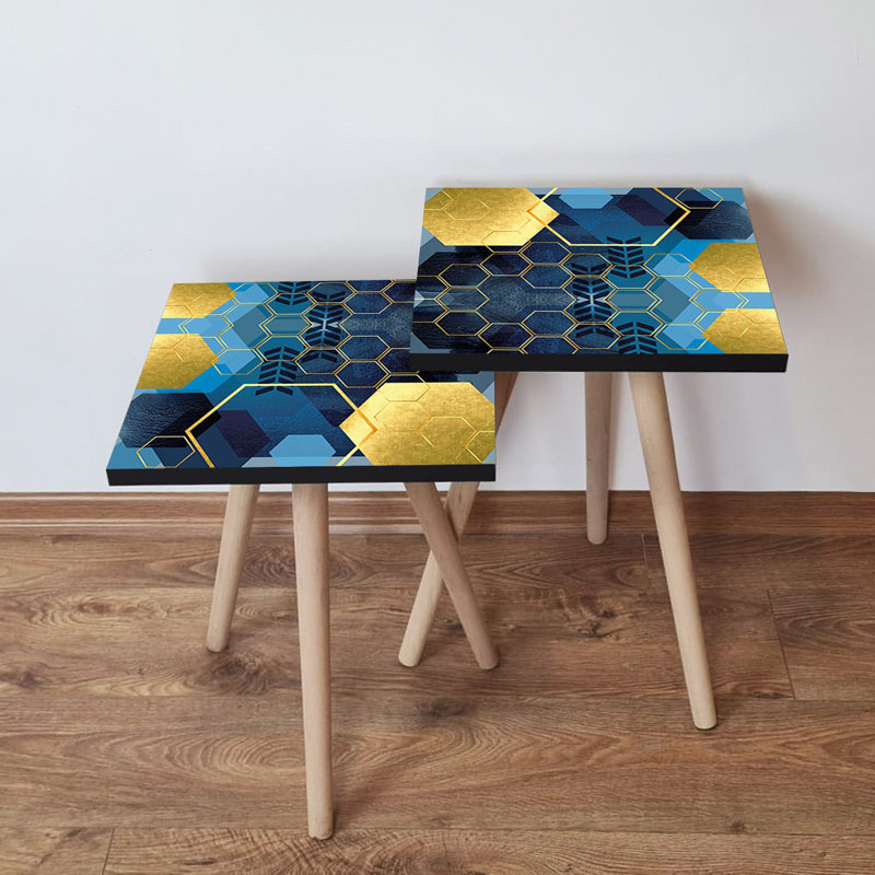 Abstract Geometric Nesting Tables (2 Pieces), Blue & Navy Blue with Gold Accents, 13.8 x 18.5 x 13.8 in & 13.8 x 16.5 x 13.8 in | 100% MDF with Beech Wood Legs, Stylish & Functional Design for Living Room & Office
