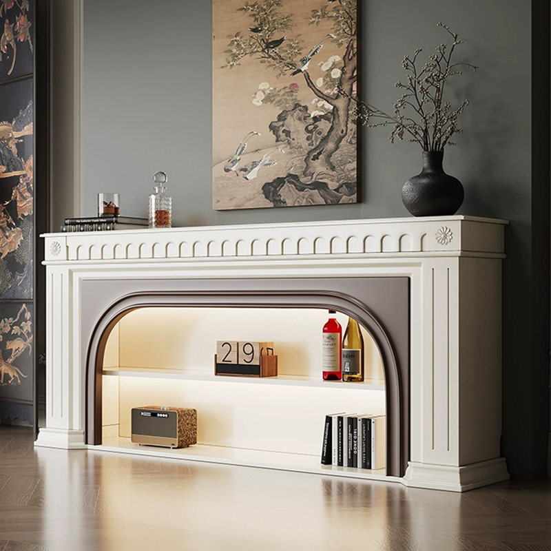 Blanc massif + foyer en bois manufacturé avec meuble télé, H 29,53 po x l 94,49 po x P 13,78 po