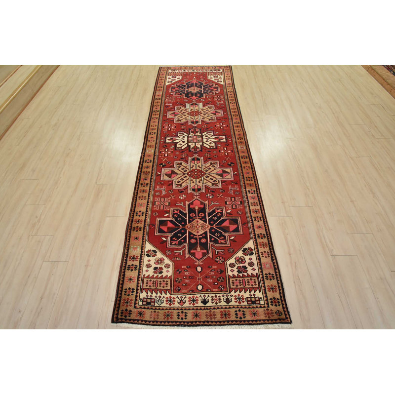 Tapis rouge rétro en laine noué à la main 3 pi 6 po x 10 pi 8 po Tribal Vintage