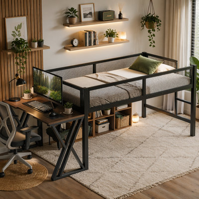 Lit mezzanine simple pour lit très grand avec bureau avec pieds en forme de X, lumières DEL, ports USB, escalier et garde-corps en maille - Cadre en métal noir, lit surélevé peu encombrant pour les dortoirs, les chambres et les salles de jeux