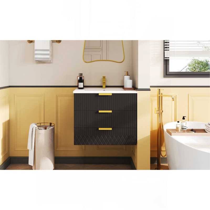 Armoire murale suspendue 24 po avec tiroir double, petit lavabo de salle de bain rectangulaire flottant avec trou de robinet simple et trop-plein, armoire de salle de bain moderne avec lavabo en céramique
