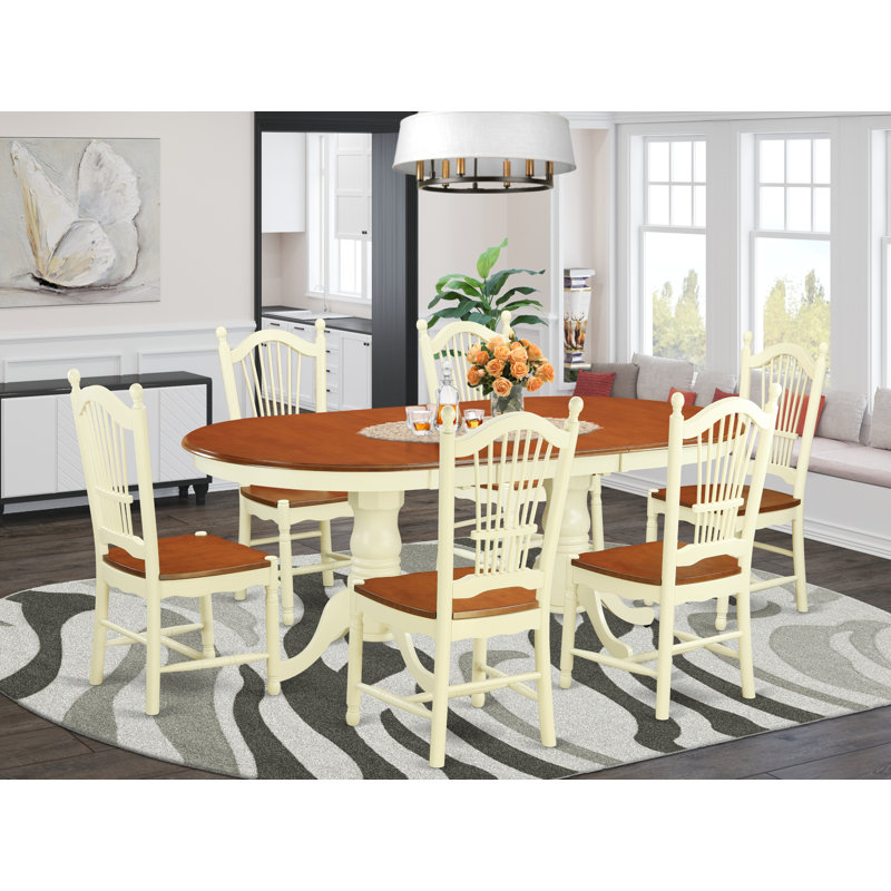 7 Piece Modern Dining Table Set Consist of an Oval Wooden Table with Butterfly Leaf and 6 Kitchen Dining Chairs, Buttermilk & Cherry