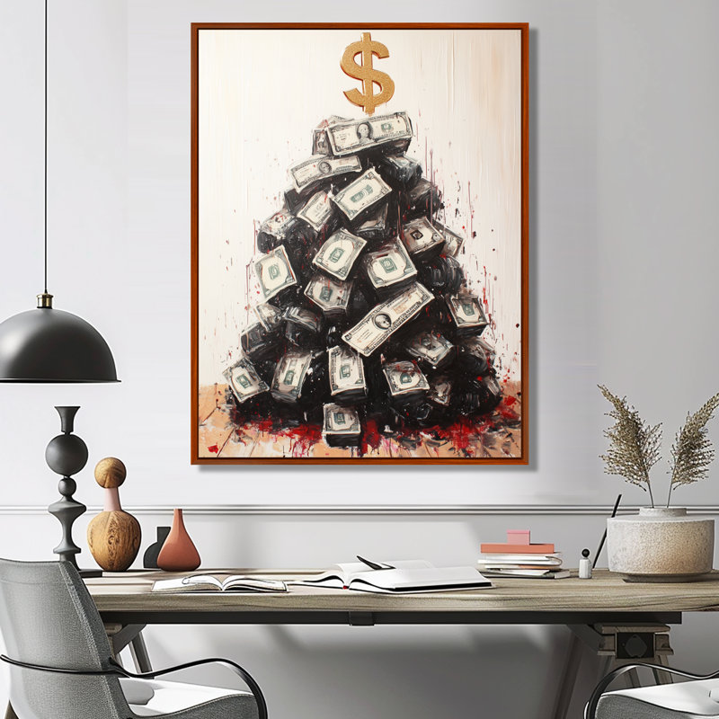 Argent comptant arbre de Noël - loup de Wall Street, Toile avec cadre flottant noir, H 44 po x l 34 po x P 1,5 po