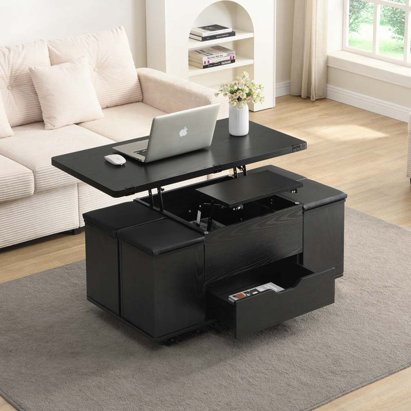 Table basse à plateau relevable avec rangement caché et 4 tabourets, roulettes, Noir
