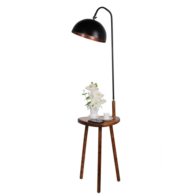 Scandinavian Floor Lamp with Wooden Table, Walnut Finish, 63.0 in Height | Metal Body, 14.6 x 14.6 in Table, E27 Socket (Max 40W) | On/Off Switch on Cable, Electrostatic Oven Dried Paint, Stylish & Functional Lighting
