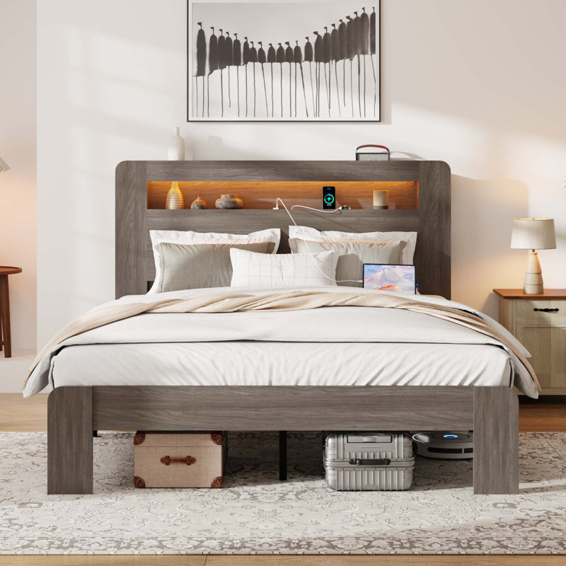 Lit très grand lit avec tête de lit à DEL avec rangement et 2 ports USB, Grand, Marron foncé