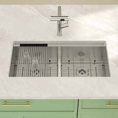 36'' L X 19'' W Undermount Stainless Steel Workstation Kitchen Sink with Mixing Bowl, Cutting Board and Colander, Double Bowl Low-divider Kitchen Sink with Sink Grid, Strainer and Roll-up Rack