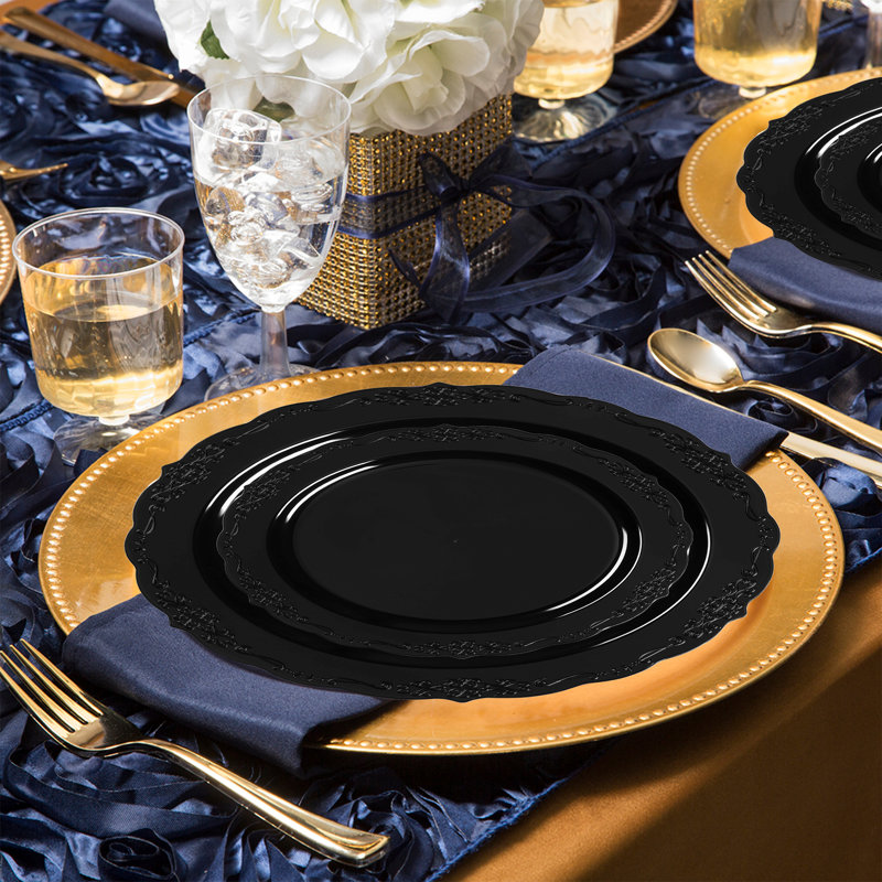 Black Vintage Rim Round Disposable Plastic Wedding Value Set - 30 Settings