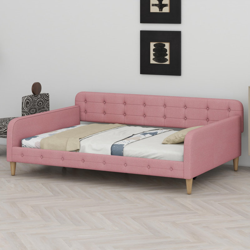 Upholstered Daybed With 4 Support Legs, Pink