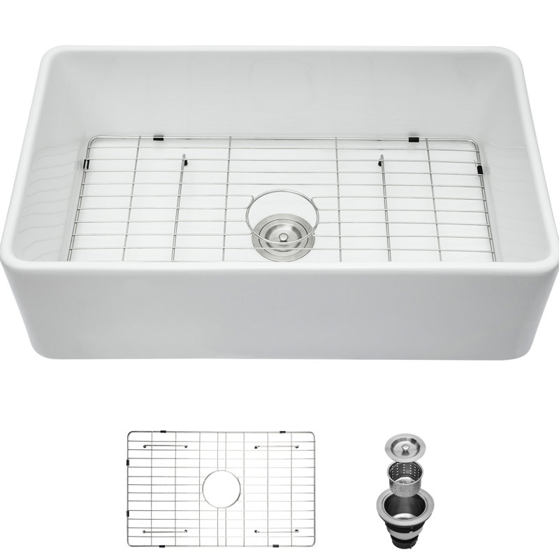 Évier 33 po en céramique - blanc, bol simple profond pour la cuisine, les copeaux et la teinture, nettoyage sans effort, livré avec une grille à vaisselle en acier inoxydable 304 de 33 po de couleur blanche, fabrication robuste,