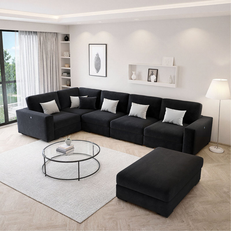 Canapé modulaire modulaire avec repose-pieds - Tissu en flanelle de lin de haute qualité, combinaison de boutons-pression, coussins épais