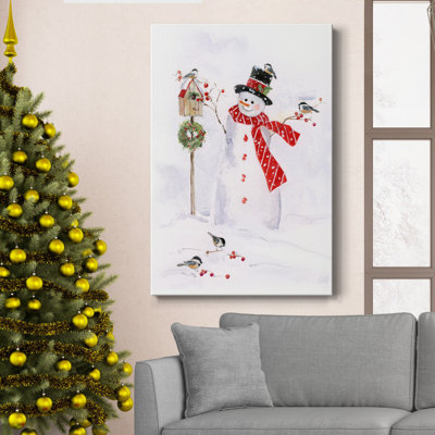 «Snowman And Chickadee Friends I», toile tendue avec châssis de qualité supérieure - prête à être accrochée