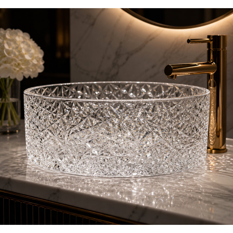 Lavabo de salle de bain vasque ronde en verre transparent 16 "avec motif en cristal Stadium - Collection Timeless, Clair