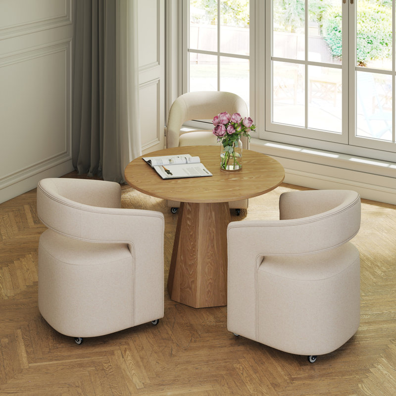 Dining Set Modern Wooden Table & Upholstered Modern Dining Chair With Caster, 4 Pieces: Table, 3 Chairs, Brown, Beige