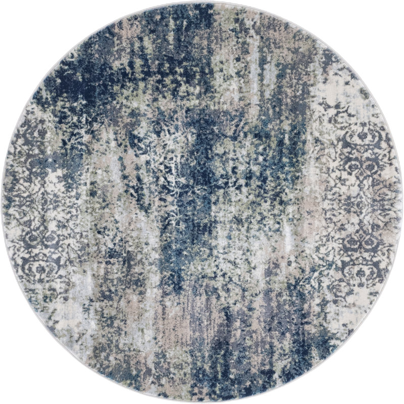 Tapis abstrait bleu marine / sauge Brantlie, Rond 5 pi