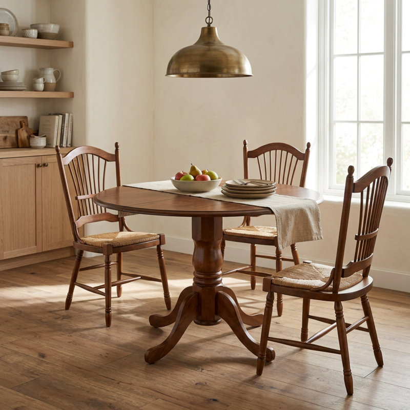 Ensemble de table de salle à manger ronde en chêne massif fini acajou avec 2 rallonges et 2 chaises à dossier échelle avec assise en bois