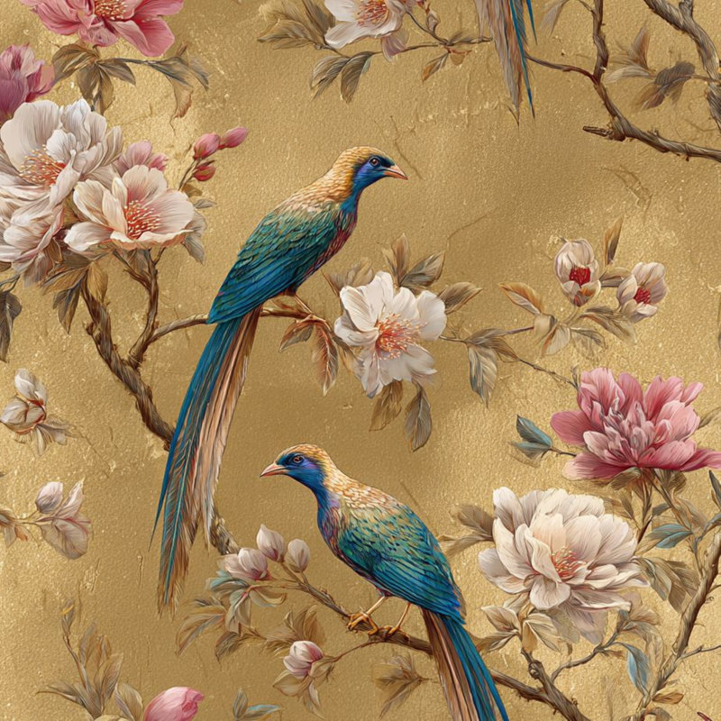 Papier peint floral oiseaux doubles muraux dorés amovibles